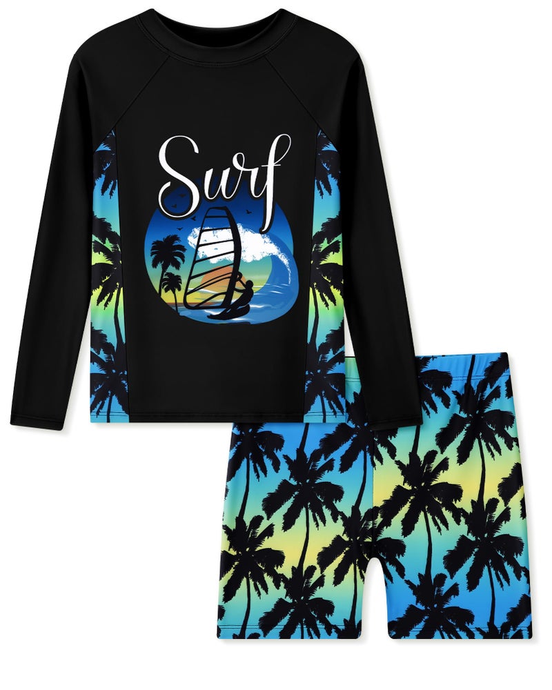 Ghteas Boys Rash Guard Swim Set Kids Two Piece Swimsuits Long Sleeve Swimwear Sets Coconut Tree Printed Swim Trunks Quick Dry Sun Protection Boys Bathing Suit Size 10 - Image 1