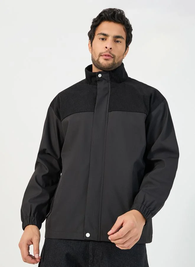Styli Contrast Yoke Detail Windbreaker Jacket with Concealed Placket Detail