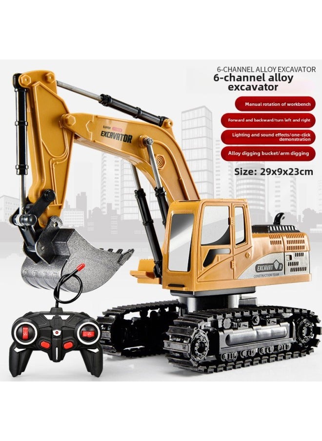 Large Alloy Children's Remote Control Excavator Toy Car Boy Simulation Electric Excavator Car Engineering Car Excavator-Color:6-way Excavator-yellow [mail Order Box]]  - Image 1