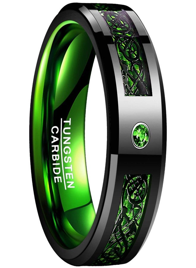 NUNCAD Men Wedding Ring Dragon Black Green Carbon Fiber Tungsten Wedding Band Black Polished Finish Beveled Edge Size 10.5 - Image 1