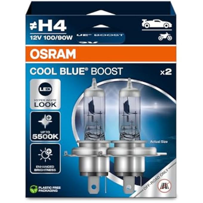 OSRAM Cool Blue Boost H4 Halogen Headlight Lamps Up To 5500K Hanging Folding Box 2 Lamps - Image 1