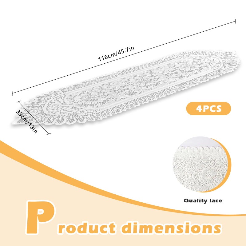 PCMURSAL 4 Pack Cotton Crochet Lace Rectangular Table Runner Dresser Scarf Doilies, 13'' X 44'' White Cotton Dresser Scarf Table Runner for Bedroom Furniture, Home Decor - Image 2