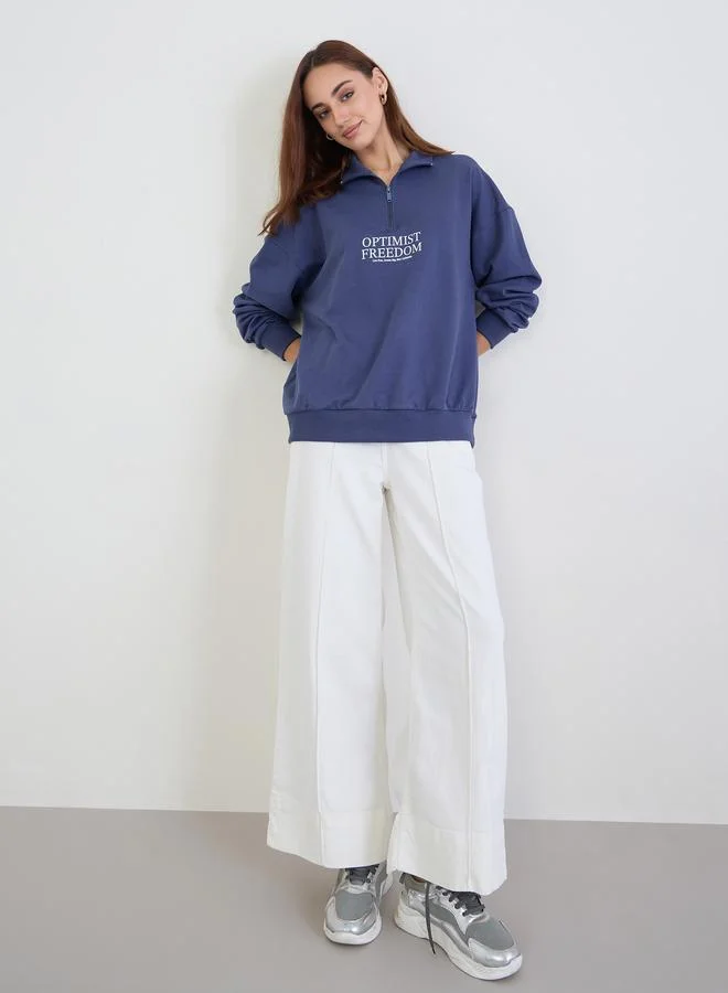 Styli Styli Dark Blue Regular Fit Sweatshirt with Quarter Zip