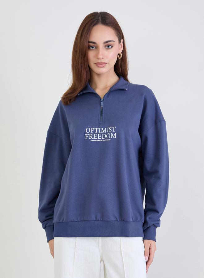 Styli Dark Blue Regular Fit Sweatshirt with Quarter Zip - Image 3