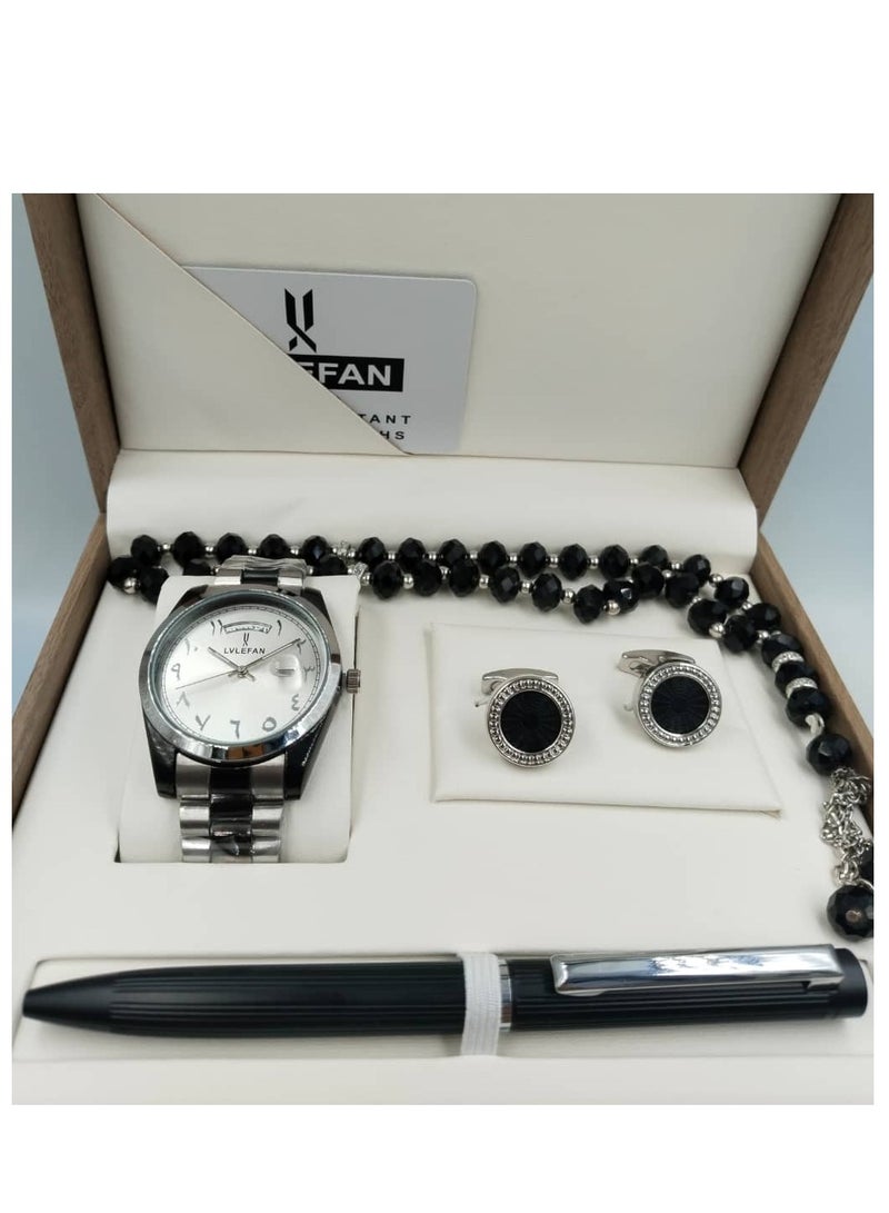 LV LEFAN High-quality, elegant men's watch gift set with Arabic numerals, silver strap with black dial and white dial with date display