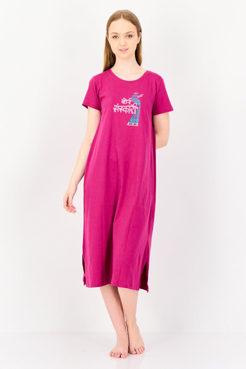 zivame Women Graphic Print Short Sleeves Sleeping Dress, Magenta - Image 4