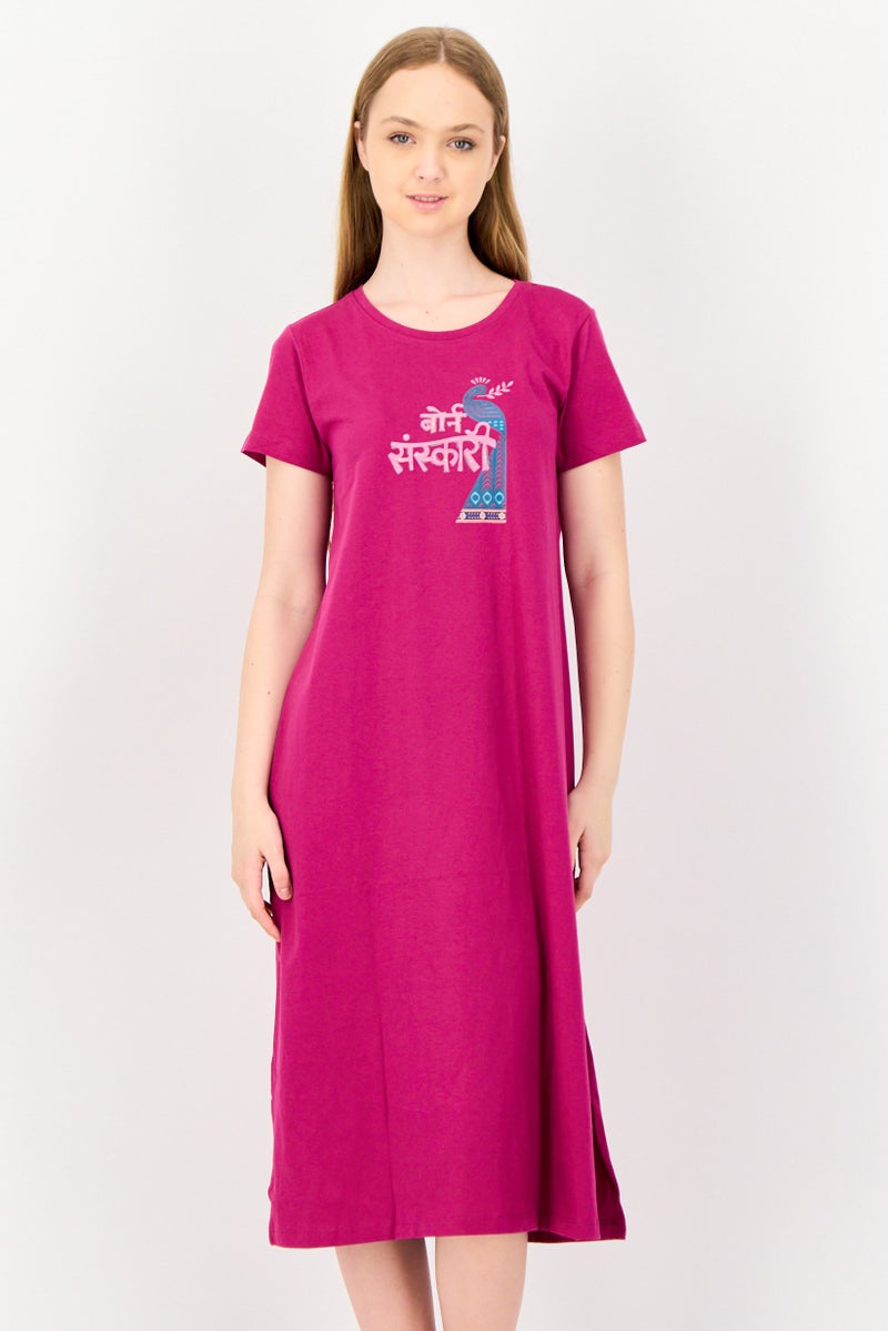 zivame Women Graphic Print Short Sleeves Sleeping Dress, Magenta - Image 1