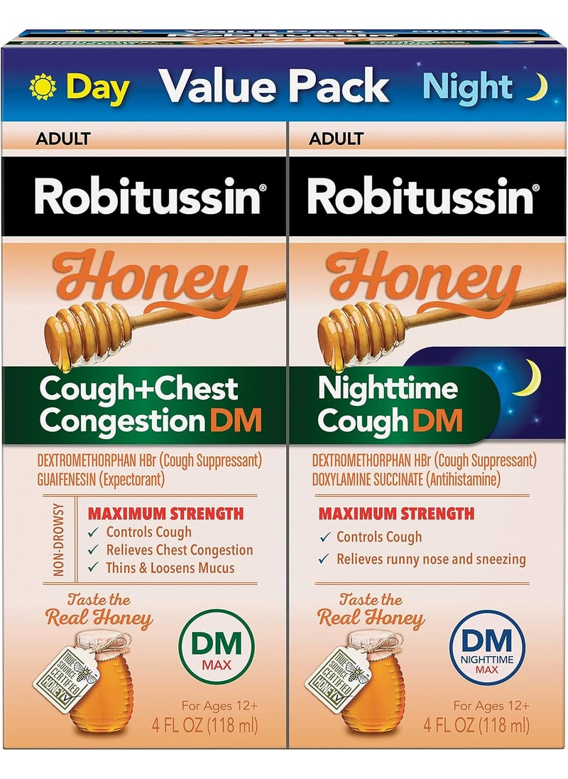 Robitussin Robitussin Honey DM Max Cough Plus Chest Congestion and Robitussin Maximum Strength Honey Nighttime Cough DM, Adult Formulas - 2 x 4 Fl Oz Bottles 