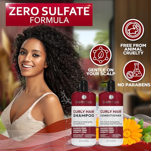BELLISSO Curly Hair Shampoo and Conditioner Set - For Defining Wavy, Permed, Frizzy, Fine and Black Curls - Moisturizing, Sulfate Free Formula for Women and Men - Products are Safe for Color Treated Locks - Image 5