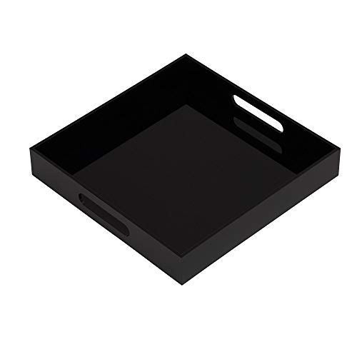Glossy Black Sturdy Acrylic Serving Tray with Handles  12x12 Inch Multipurpose Tray for Coffee Appetizers Breakfast and More