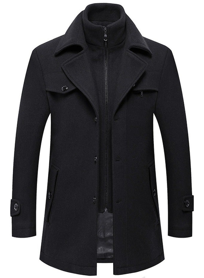 Loquat Men's Double Collar Winter Thick Trench Coat With Detachable Soft Scarf Jacket Black 