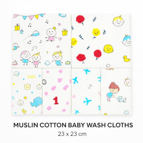 Firstblow 14 Pcs Muslin Cotton Cloth Premium Baby Washcloth for New Born, Washable, Reusable, Absorbent, Extra Soft Face Towels/Hankies for Babies, Stars, Balloons Random Print - Image 3