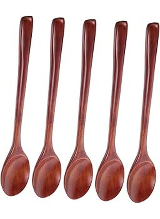 5 Pcs Natural Wooden Spoons Set for Cooking Stirring Serving Soup Bar Tasting - Image 1