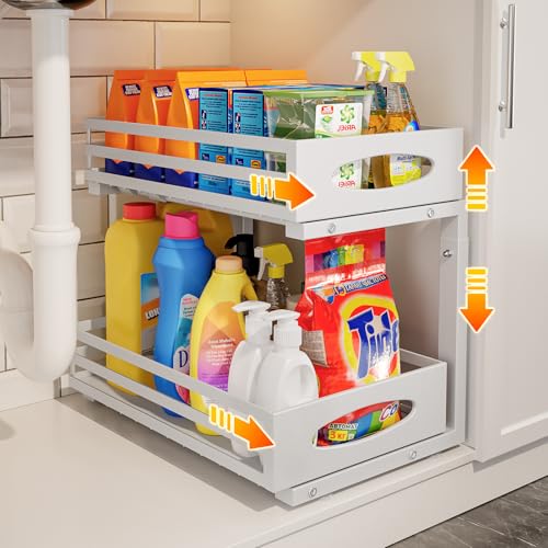 mixeshop Under Sink Organizer, 2 Tier Under Sink Organizers and Storage, Adjustable Height, Slide out Metal Cabinet Organizers, Pull out Cabinet Storage Drawer Shelf for Kitchen Bathroom (White, 1 Pack) - Image 1