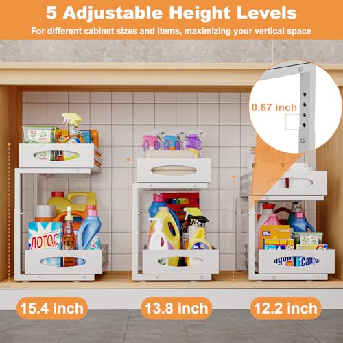 mixeshop Under Sink Organizer, 2 Tier Under Sink Organizers and Storage, Adjustable Height, Slide out Metal Cabinet Organizers, Pull out Cabinet Storage Drawer Shelf for Kitchen Bathroom (White, 1 Pack) - Image 5