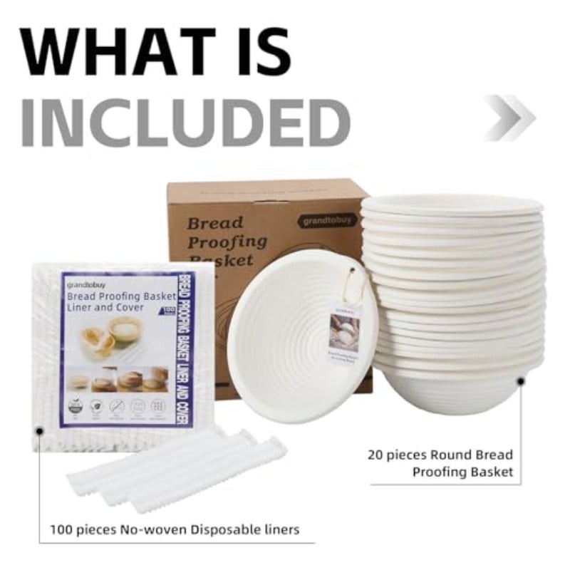Round Pulp Sourdough Banneton Bread Proofing Basket Set 20 Bread Baking Supplies with 100pcs Disposable Non-Woven Liners for Professional and Homemade Artisan Bread - Image 2
