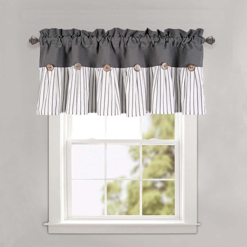 DOSLY IDÃ‰ES Farmhouse Grey Button Valance, Striped Pleated Design with Coconut Buttonsï¼ŒMulti-Room Window Treatment for Kitchen Living Room Bedroom, 52" W x 18" L - Image 1