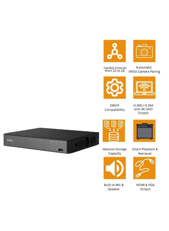 ايمو NVR-N118-8A0E مسجل فيديو شبكي 18 قناة PoE، H.265/H.264، 4K HDMI/VGA، 90Mbps، صوت ثنائي الاتجاه، ONVIF، كشف ذكي، 1× SATA حتى 16TB، تطبيق IMOU - Image 3