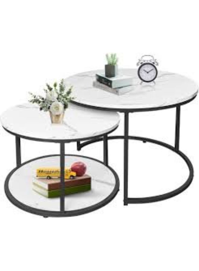 Round Nesting Coffee Table Set of 2 End Tables for Living Room, Faux Marble Coffee Table Wooden Accent Furniture with Metal Frame, Center Table for Home Office, Easy Assembly (White) - Image 2