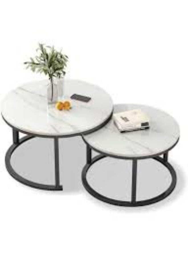 Round Nesting Coffee Table Set of 2 End Tables for Living Room, Faux Marble Coffee Table Wooden Accent Furniture with Metal Frame, Center Table for Home Office, Easy Assembly (White) - Image 3