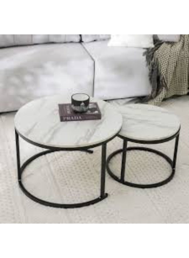 Round Nesting Coffee Table Set of 2 End Tables for Living Room, Faux Marble Coffee Table Wooden Accent Furniture with Metal Frame, Center Table for Home Office, Easy Assembly (White) - Image 1