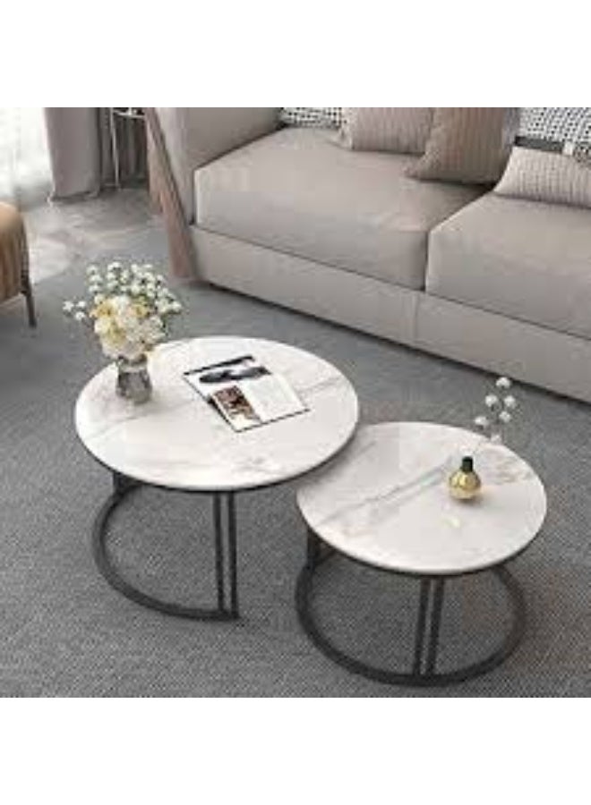 Round Nesting Coffee Table Set of 2 End Tables for Living Room, Faux Marble Coffee Table Wooden Accent Furniture with Metal Frame, Center Table for Home Office, Easy Assembly (White) - Image 4