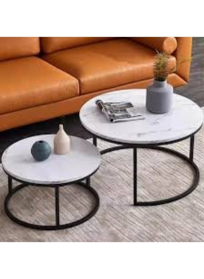 Round Nesting Coffee Table Set of 2 End Tables for Living Room, Faux Marble Coffee Table Wooden Accent Furniture with Metal Frame, Center Table for Home Office, Easy Assembly (White) - Image 5