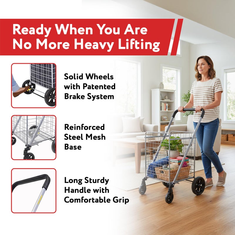 dbest Products Cruiser Cart Deluxe 2 - Foldable Shopping Cart with Wheels & Brake System - Heavy Duty Collapsible Utility Cart for Groceries & Laundry - Holds 100 lbs - Silver, Alloy Steel - Image 2