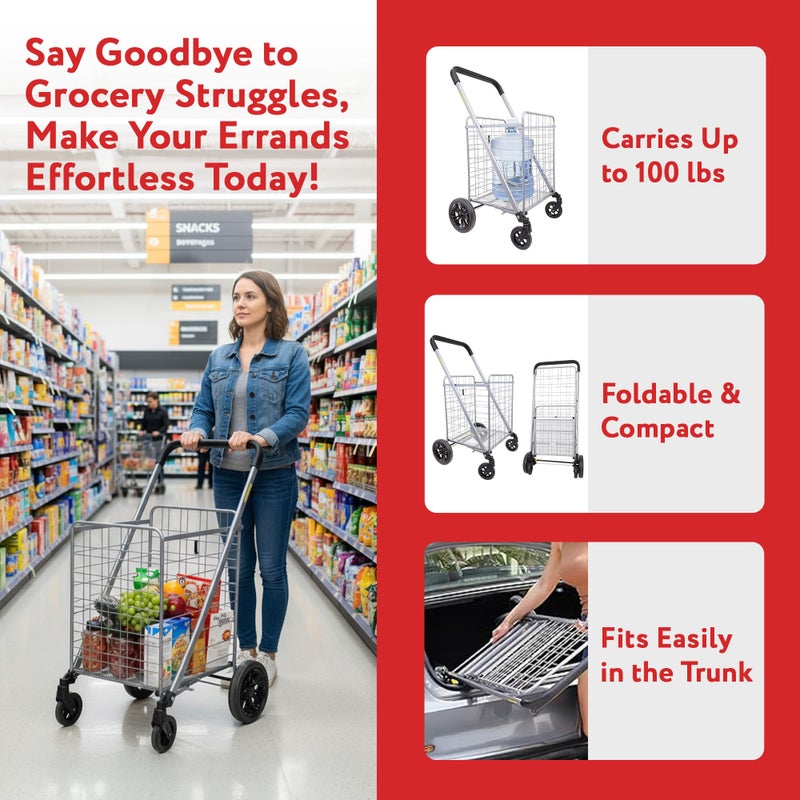 dbest Products Cruiser Cart Deluxe 2 - Foldable Shopping Cart with Wheels & Brake System - Heavy Duty Collapsible Utility Cart for Groceries & Laundry - Holds 100 lbs - Silver, Alloy Steel - Image 3