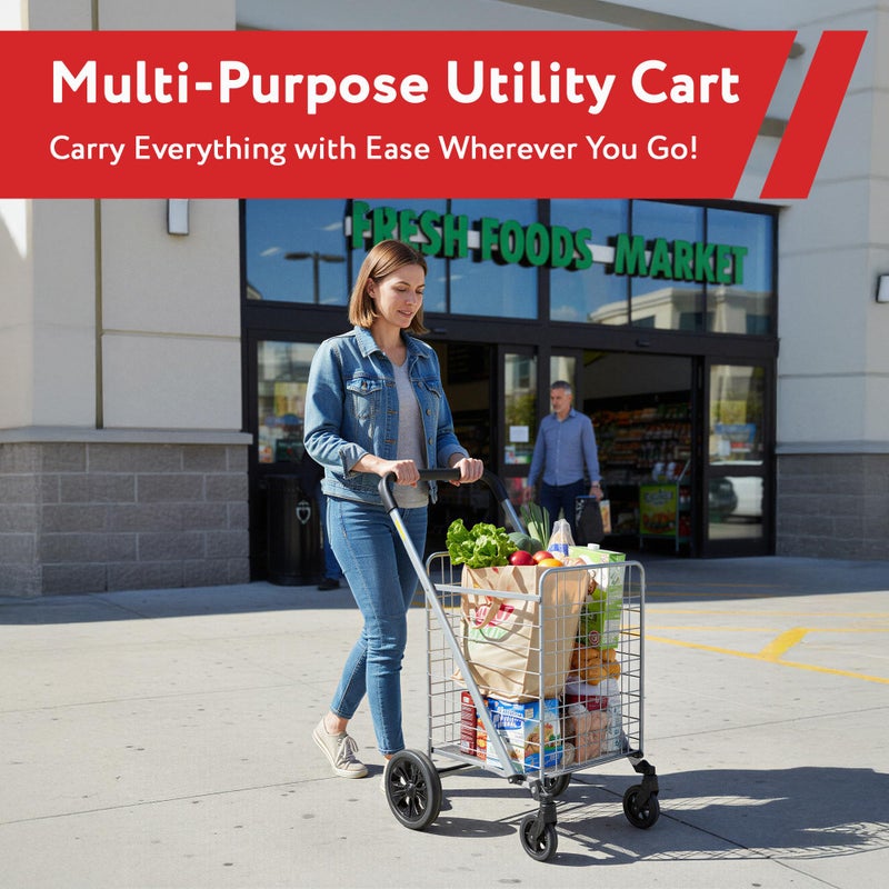 dbest Products Cruiser Cart Deluxe 2 - Foldable Shopping Cart with Wheels & Brake System - Heavy Duty Collapsible Utility Cart for Groceries & Laundry - Holds 100 lbs - Silver, Alloy Steel - Image 5