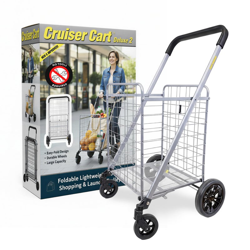 dbest Products Cruiser Cart Deluxe 2 - Foldable Shopping Cart with Wheels & Brake System - Heavy Duty Collapsible Utility Cart for Groceries & Laundry - Holds 100 lbs - Silver, Alloy Steel - Image 1