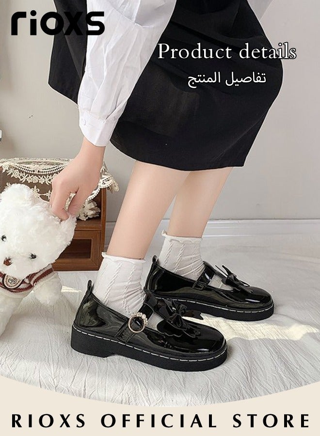 ريوكس أحذية ماري جين النسائية، أحذية لوليتا الفاخرة للنساء والفتيات الكبيرات، أحذية البنطال الجلدي Patent Leknot Loafers، أحذية درسي أنيقة للسيدات، أحذية مدرسية منخفضة الكعب، أحذية تي -ستروب مغلقة أصابع القدم ماري جينز، أحذية فستان غير رسمي لأعمال مكتب حفلات الزفاف والارتداء اليومي، أحذية النساء السود - Image 5