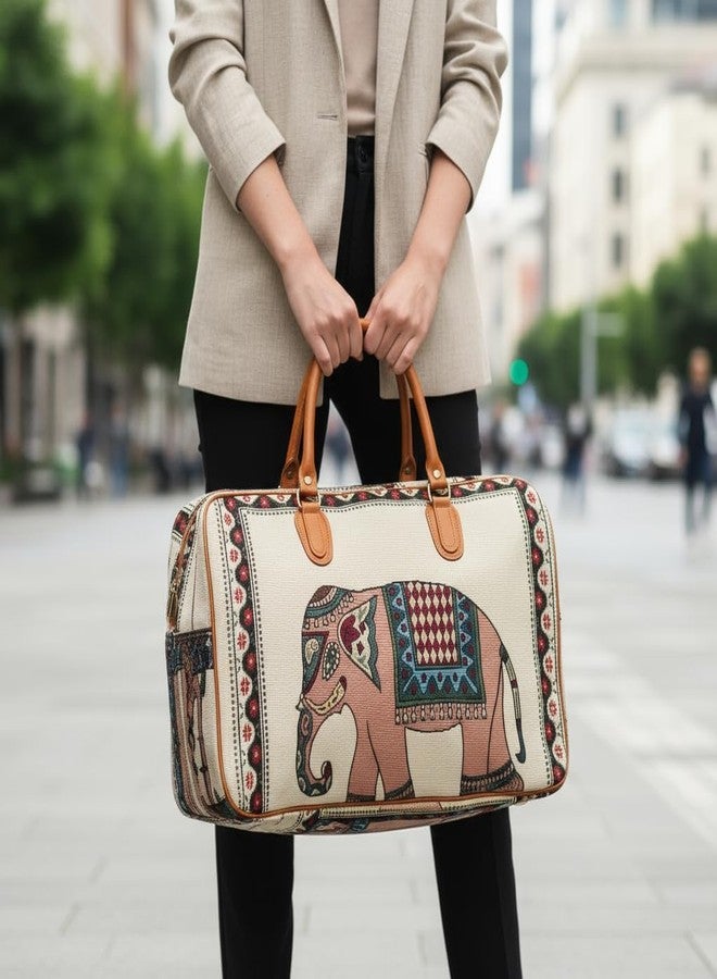 Zerolex Small Canvas Stylish Duffle Travel Bag for Men and Women, Elephant Print Design with Leather Handles, Luggage Cabin Size Air Travelling Hand Bag (21L) Beige - Image 2