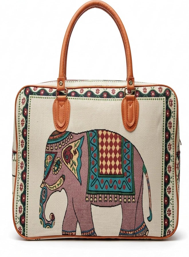 Zerolex Small Canvas Stylish Duffle Travel Bag for Men and Women, Elephant Print Design with Leather Handles, Luggage Cabin Size Air Travelling Hand Bag (21L) Beige - Image 1