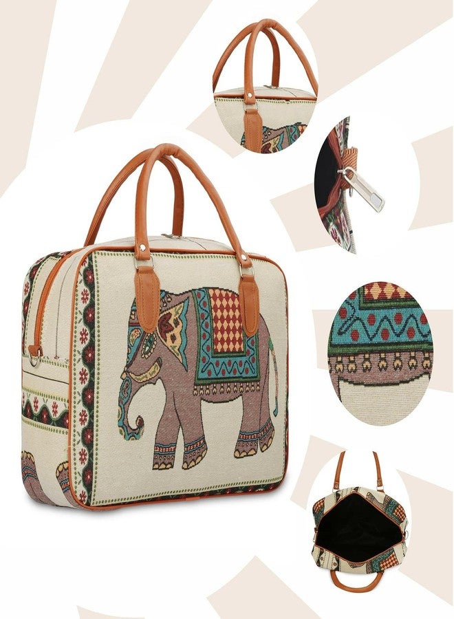 Zerolex Small Canvas Stylish Duffle Travel Bag for Men and Women, Elephant Print Design with Leather Handles, Luggage Cabin Size Air Travelling Hand Bag (21L) Beige - Image 3