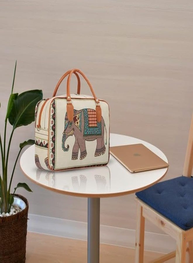 Zerolex Small Canvas Stylish Duffle Travel Bag for Men and Women, Elephant Print Design with Leather Handles, Luggage Cabin Size Air Travelling Hand Bag (21L) Beige - Image 5