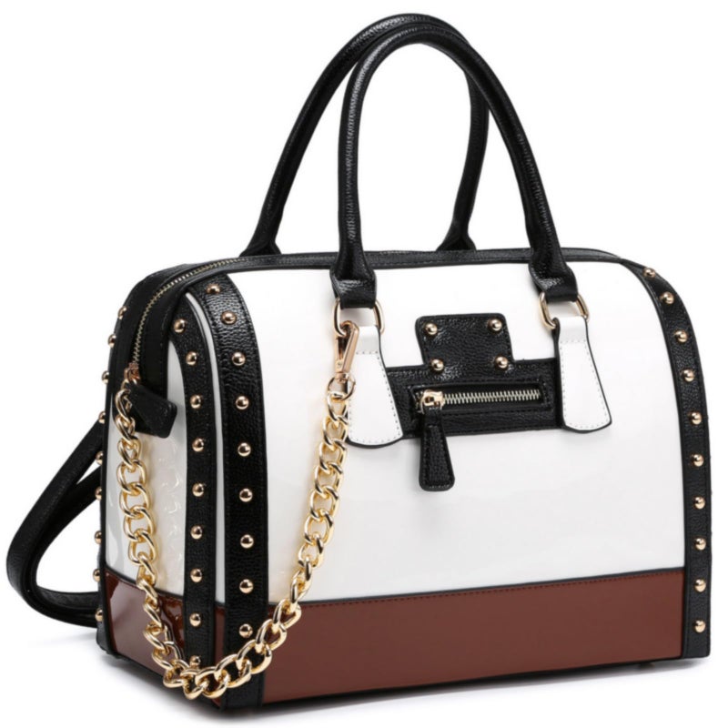 DASEIN Shiny Patent Faux Leather Handbags Women Barrel Purses Top Handle Satchel Bags Shoulder Bag (Large White) - Image 1