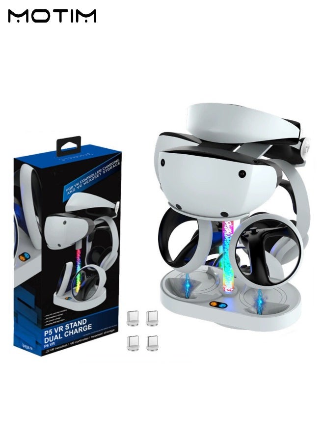 موتيم محطة حامل شحن مزودة بإضاءة RGB لـ PS5/VR2، حامل حامل شحن داعم لسماعة رأس PS5/VR2، حامل ملحقات الألعاب لسماعة رأس بلاي ستيشن 5 VR2 مع 4 محولات مغناطيسية من النوع C لوحدة التحكم Sense  - Image 1