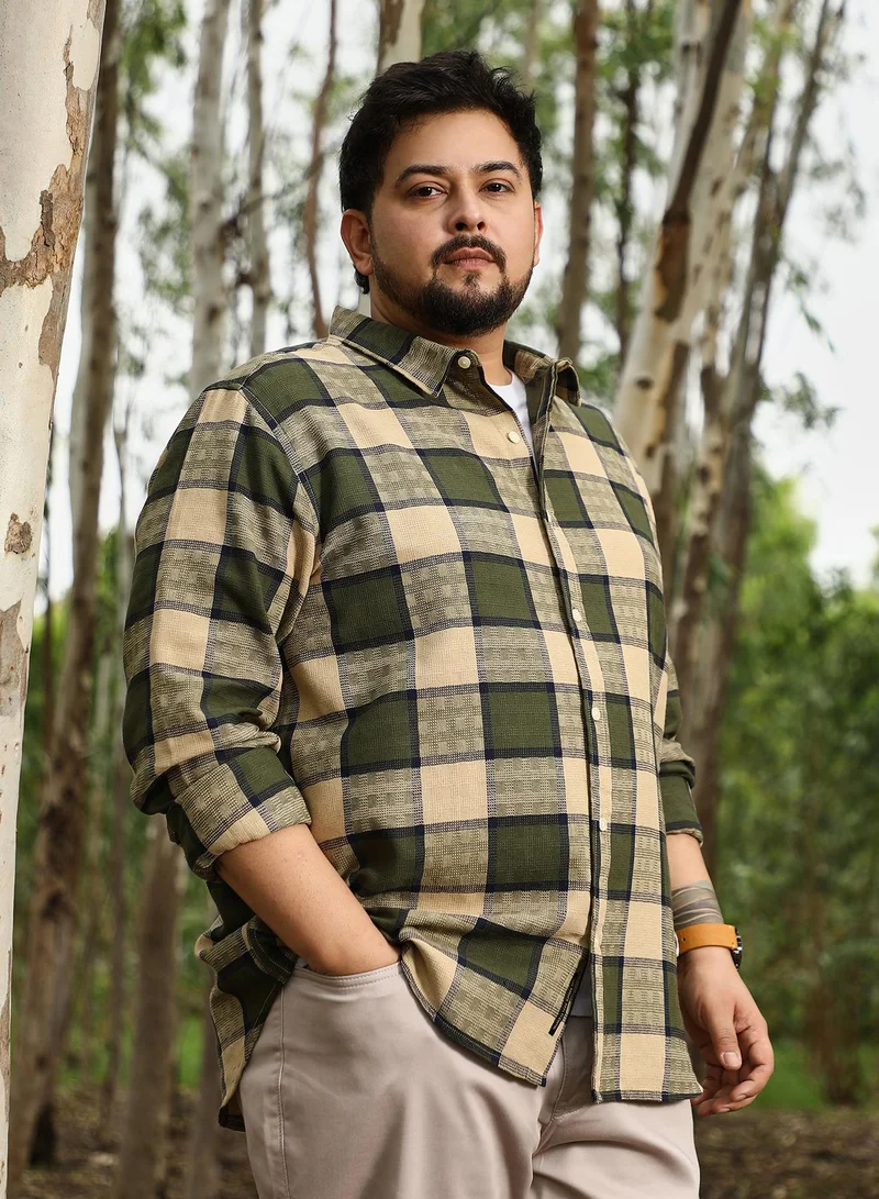 انستافاب بلس Instafab Plus Men Grid-Buffalo Check Jacquard Shirt | Spread Collar , Long Cuffed Sleeves | Button Closure , Curved Hem | Checks Jacquard | Woven Fabric For Casual & Daily Wear | Olive & Beige