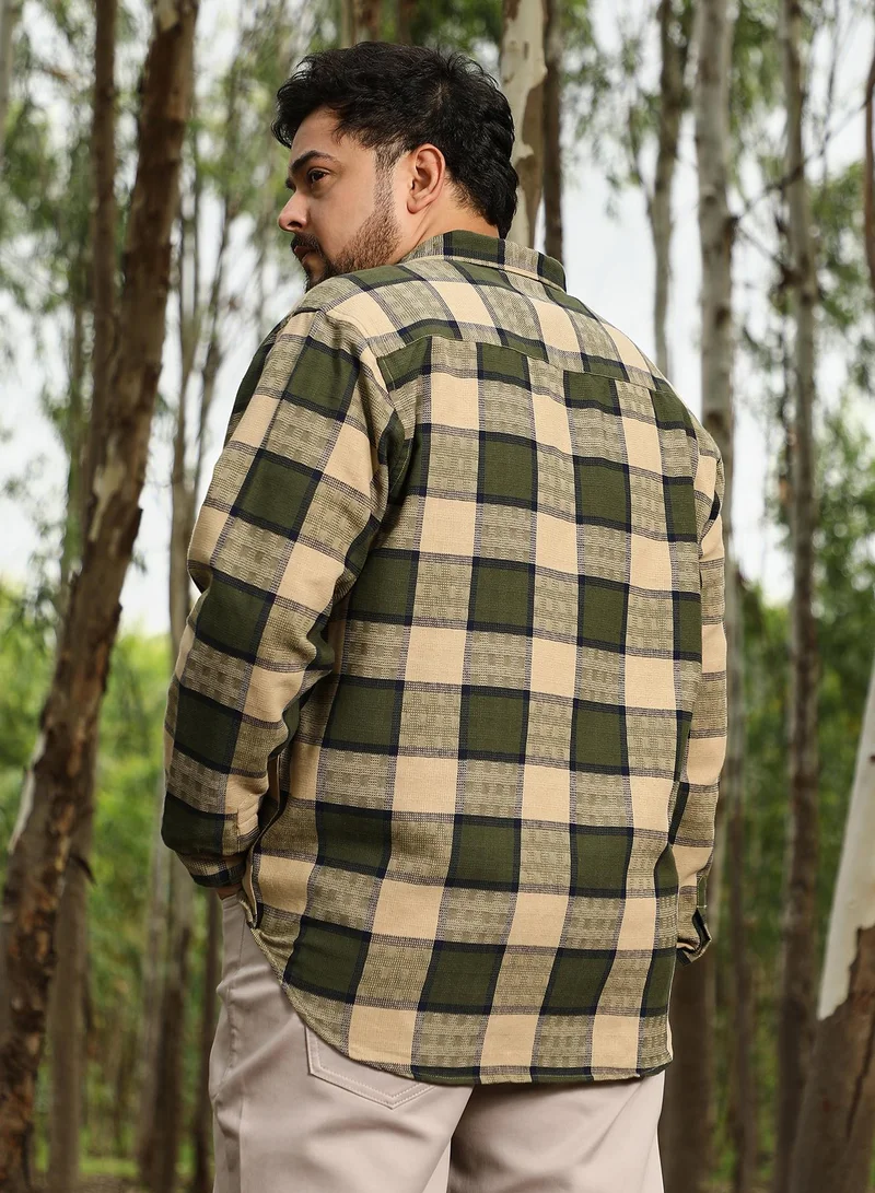 انستافاب بلس Instafab Plus Men Grid-Buffalo Check Jacquard Shirt | Spread Collar , Long Cuffed Sleeves | Button Closure , Curved Hem | Checks Jacquard | Woven Fabric For Casual & Daily Wear | Olive & Beige