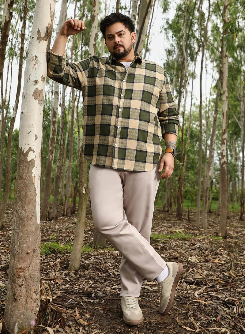 انستافاب بلس Instafab Plus Men Grid-Buffalo Check Jacquard Shirt | Spread Collar , Long Cuffed Sleeves | Button Closure , Curved Hem | Checks Jacquard | Woven Fabric For Casual & Daily Wear | Olive & Beige