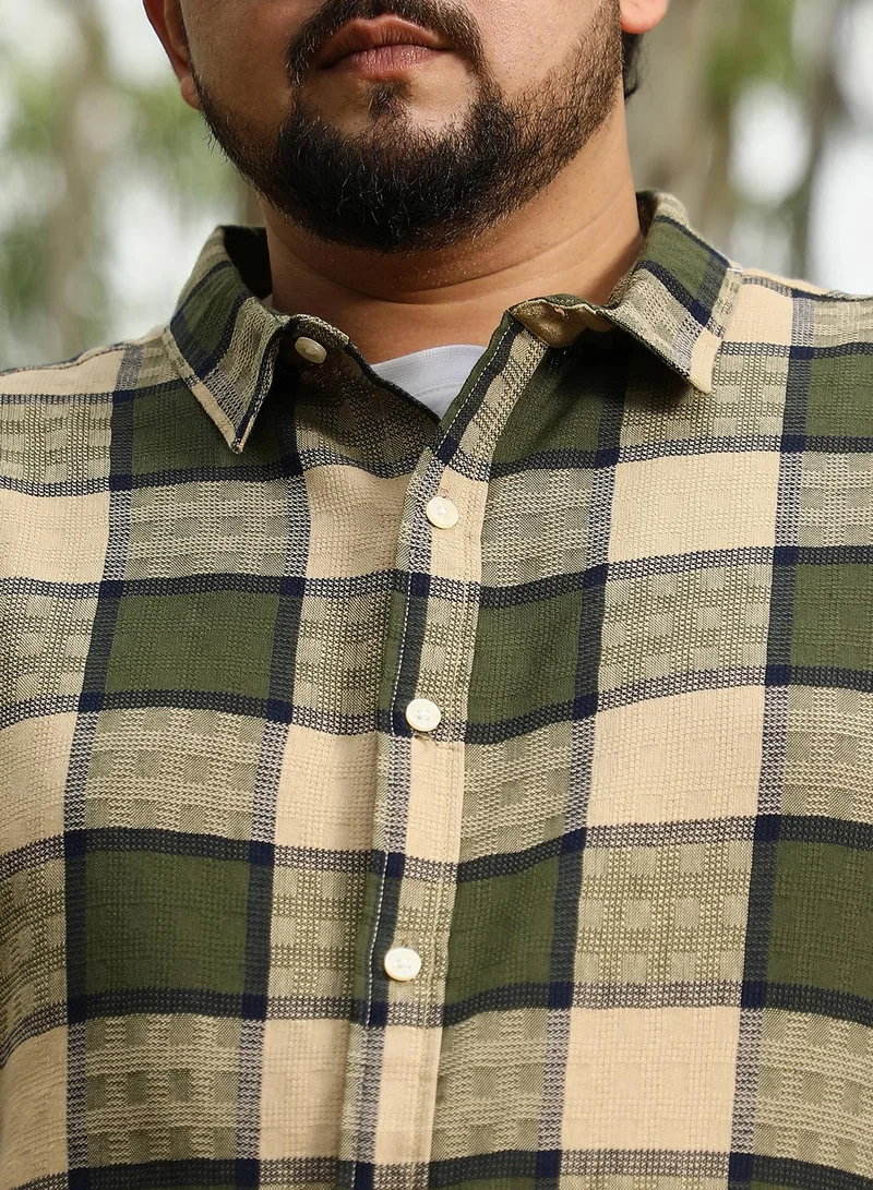 انستافاب بلس Instafab Plus Men Grid-Buffalo Check Jacquard Shirt | Spread Collar , Long Cuffed Sleeves | Button Closure , Curved Hem | Checks Jacquard | Woven Fabric For Casual & Daily Wear | Olive & Beige