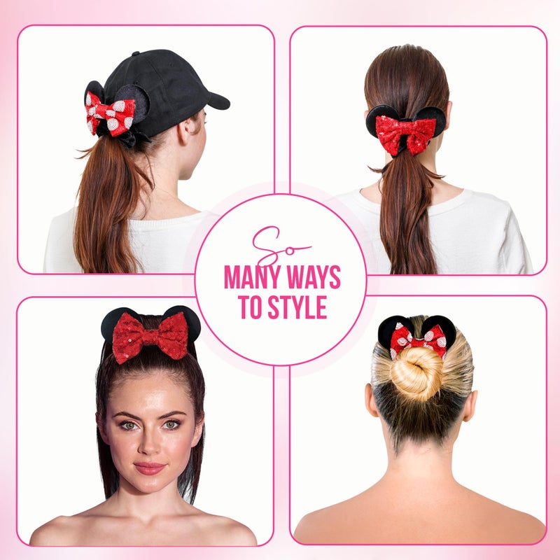 Disney Styla Hair 2pk Mouse Ear Scrunchies for Kids Velvet Hair Bow Scrunchies for Women - Sparkle Sequins Mouse Hair Bands for Pony Tail (Red Black) - Image 2