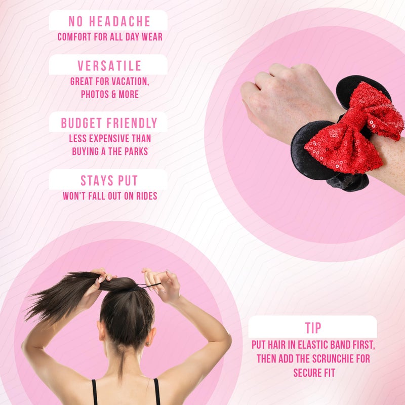 Disney Styla Hair 2pk Mouse Ear Scrunchies for Kids Velvet Hair Bow Scrunchies for Women - Sparkle Sequins Mouse Hair Bands for Pony Tail (Red Black) - Image 5
