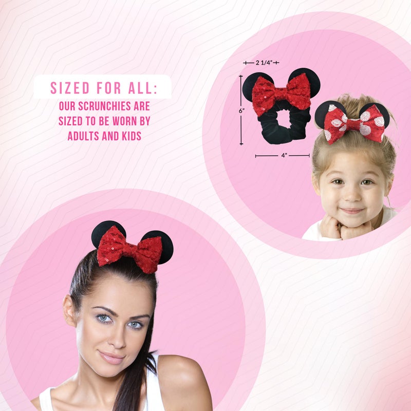 Disney Styla Hair 2pk Mouse Ear Scrunchies for Kids Velvet Hair Bow Scrunchies for Women - Sparkle Sequins Mouse Hair Bands for Pony Tail (Red Black) - Image 3