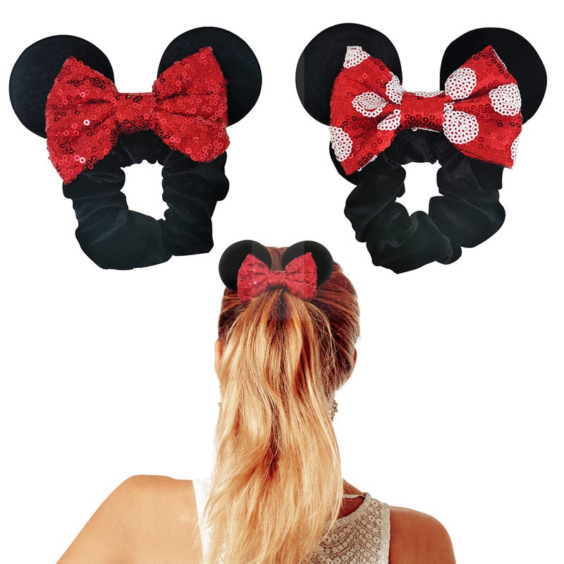 Disney Styla Hair 2pk Mouse Ear Scrunchies for Kids Velvet Hair Bow Scrunchies for Women - Sparkle Sequins Mouse Hair Bands for Pony Tail (Red Black) - Image 1