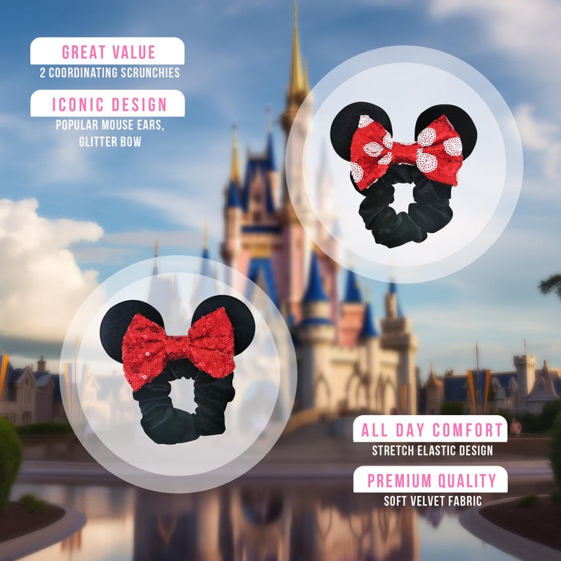 Disney Styla Hair 2pk Mouse Ear Scrunchies for Kids Velvet Hair Bow Scrunchies for Women - Sparkle Sequins Mouse Hair Bands for Pony Tail (Red Black) - Image 4