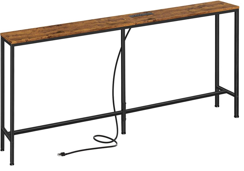 SUPERJARE 70 Inch Console Table with Outlet Sofa Table with Charging Station Narrow Entryway Table Skinny Hallway Table for Living Room Rustic Brown