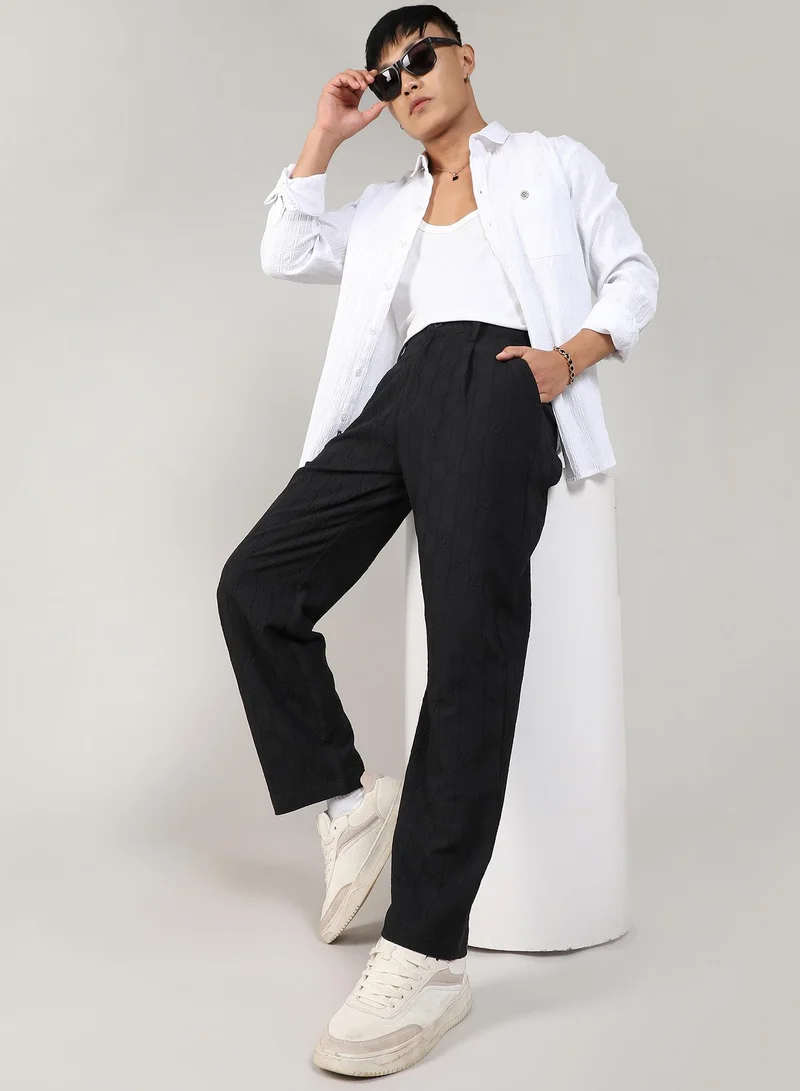 Campus Sutra Men's Midnight Black Creased-Check Trousers