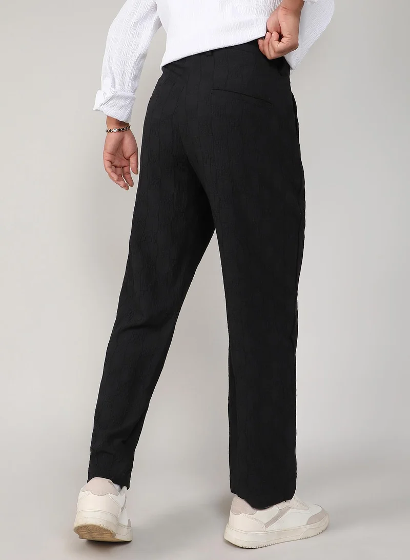 Campus Sutra Men's Midnight Black Creased-Check Trousers